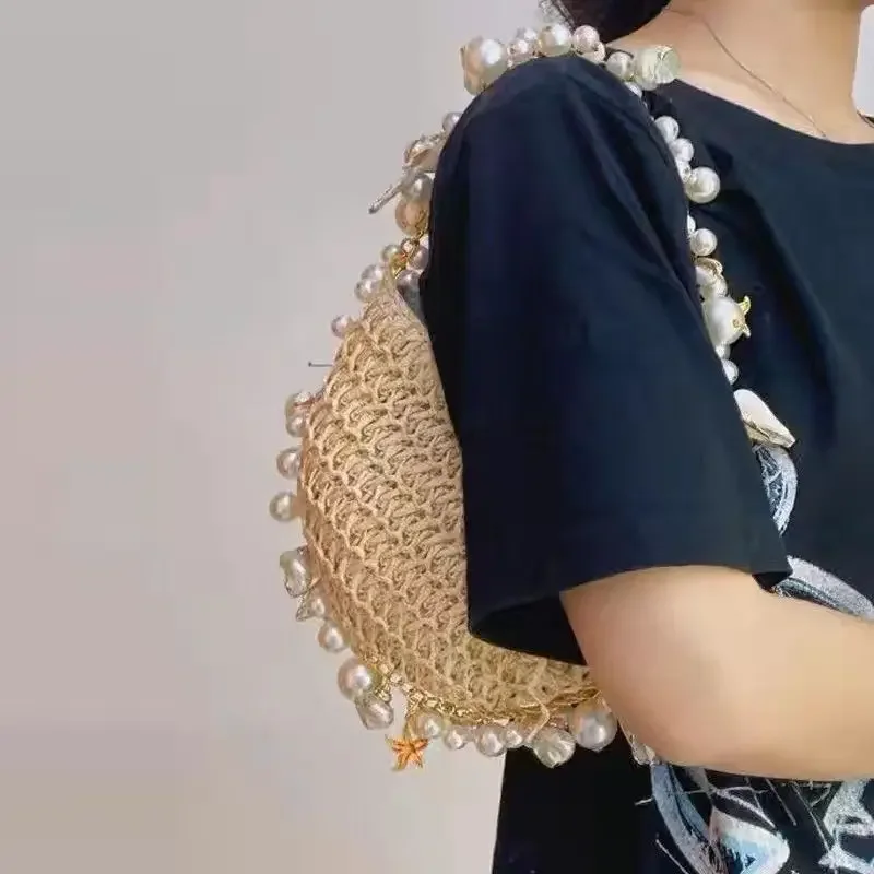 Bohemian Pearls Straw Bag Conch Starfish Women Handbags Half Moon BeachNew In Papyrus Woven Chain Beaded Trim Shoulder Bag