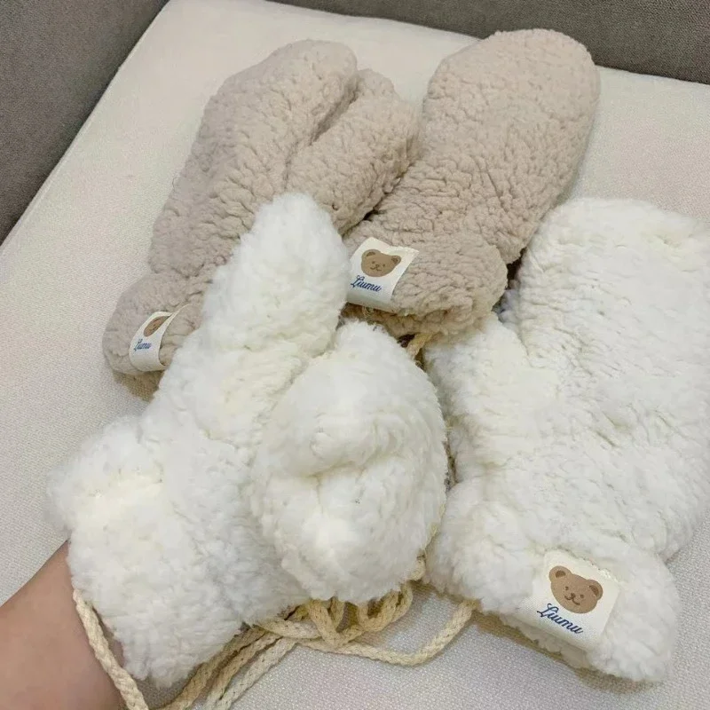 Cute Plush Little Bear Gloves Women Cartoon Winter Wool Fleece Thicken Warm Hanging Neck Mittens Windproof Cold-proof Gloves