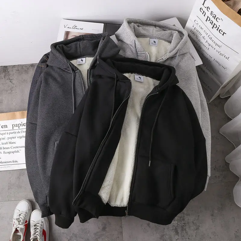 Warme Jacke Frauen feste Hoodies Mantel Herbst Winter Lamm Wolle Fleece lose plus Größen dicken Reiß verschluss weibliche Sweatshirt grau schwarz