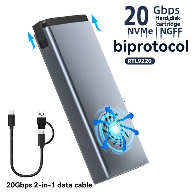 BNVN-20Gbps M.2 SSD Enclosure With Cooling Fan USB-C 3.1 Dual Protocol High-Speed External Hard Drive Case For 2242 2260 2280 view 5