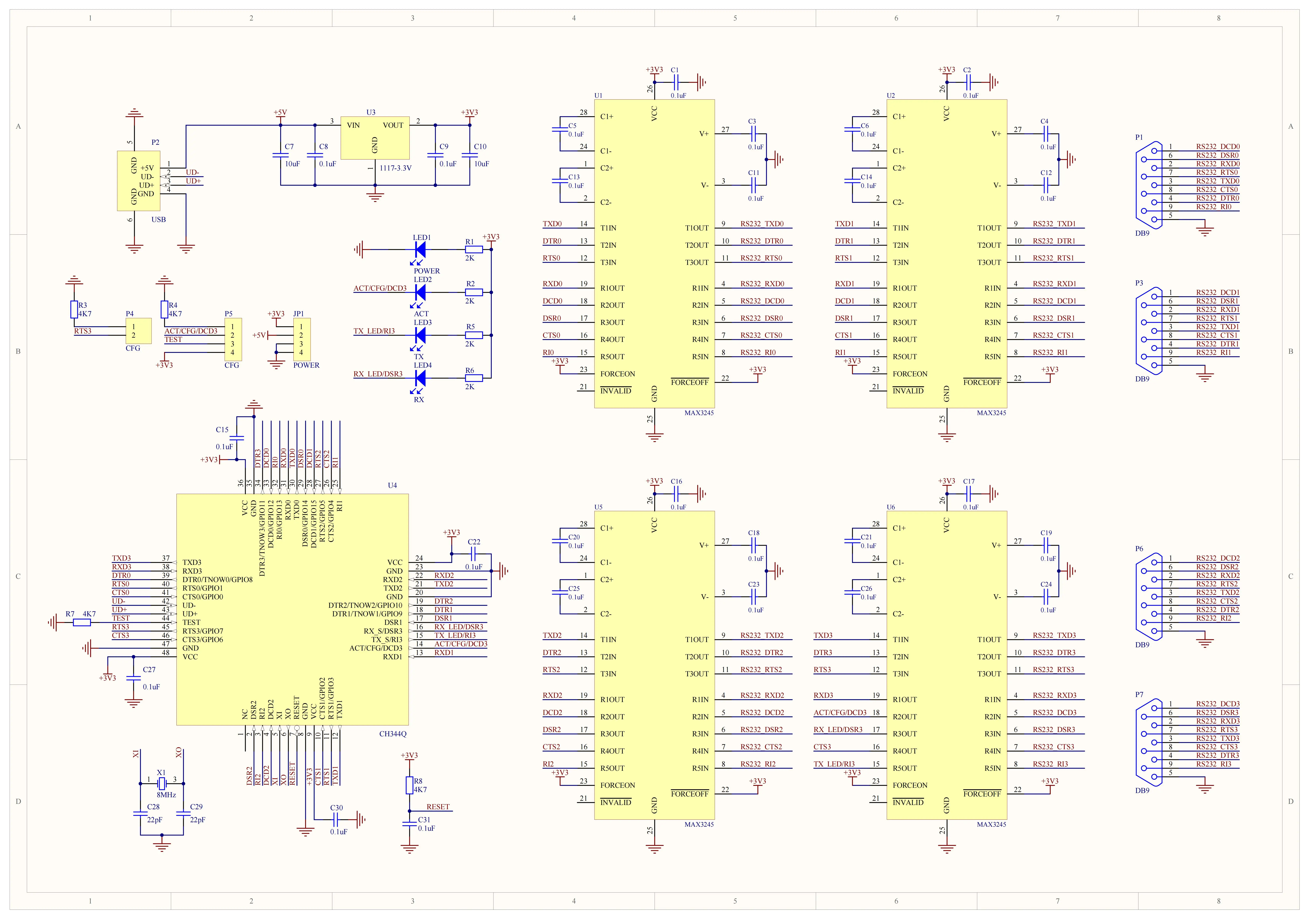 USB para placa de avaliação de chip serial CH344Q de interface serial RS232 de 4 canais