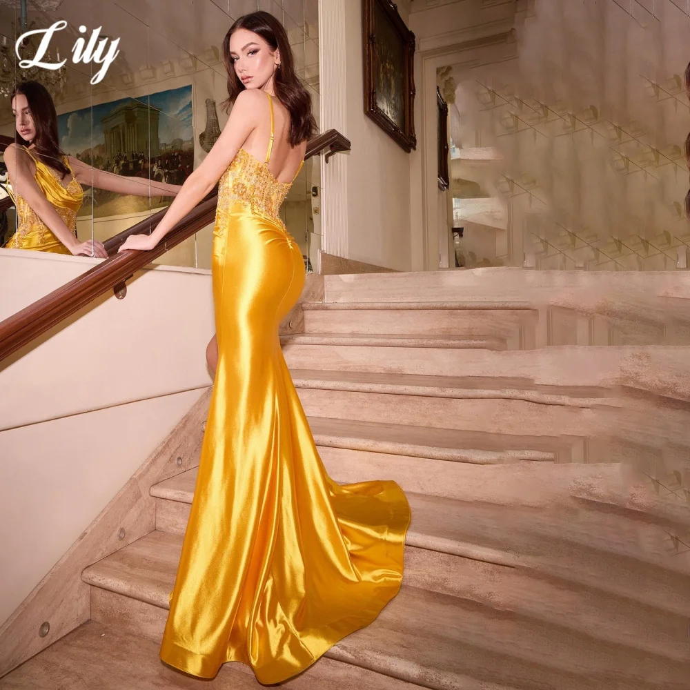 Lily Golden Sexy Prom Dress Sweetheart Spaghetti Straps Split Prom Gown Shiny Satin Beads Sequins Formal Gown 프롬 드레스 Customized