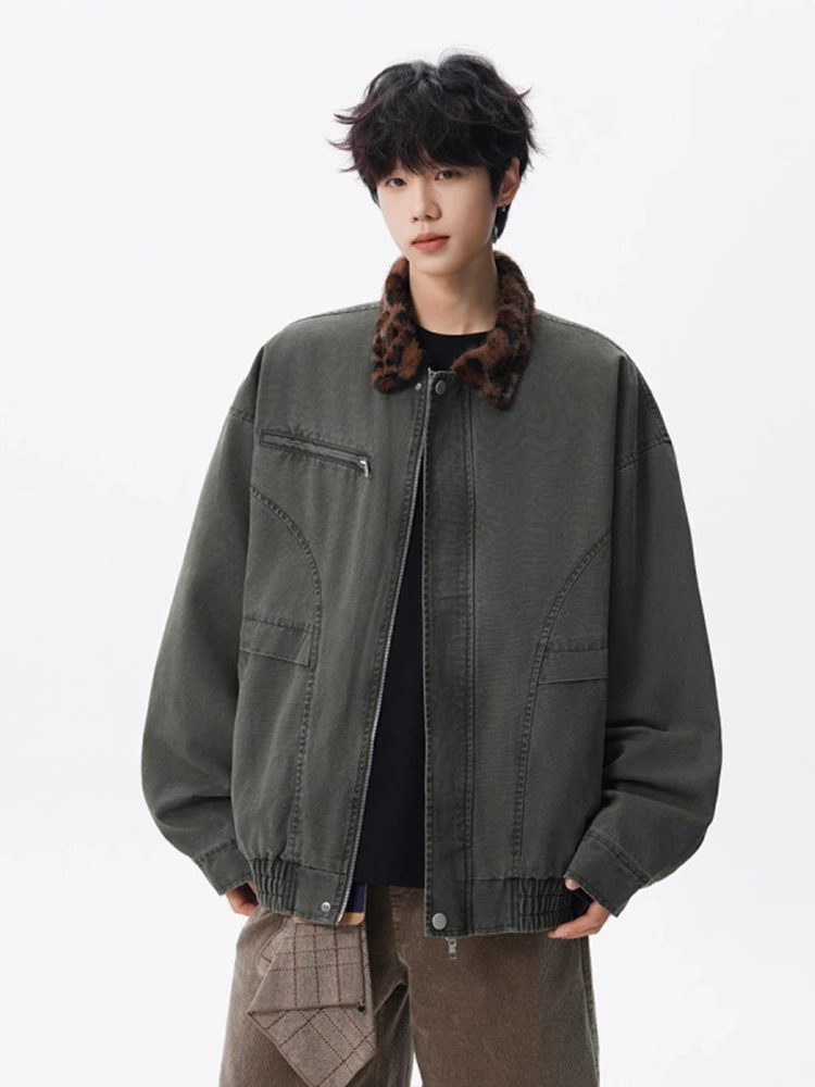 

Leopard Collar Cargo Jacket Men American Vintage Washed Distressed Denim Coat Oversized Utility Jacket Street Edgy Fall Outwear