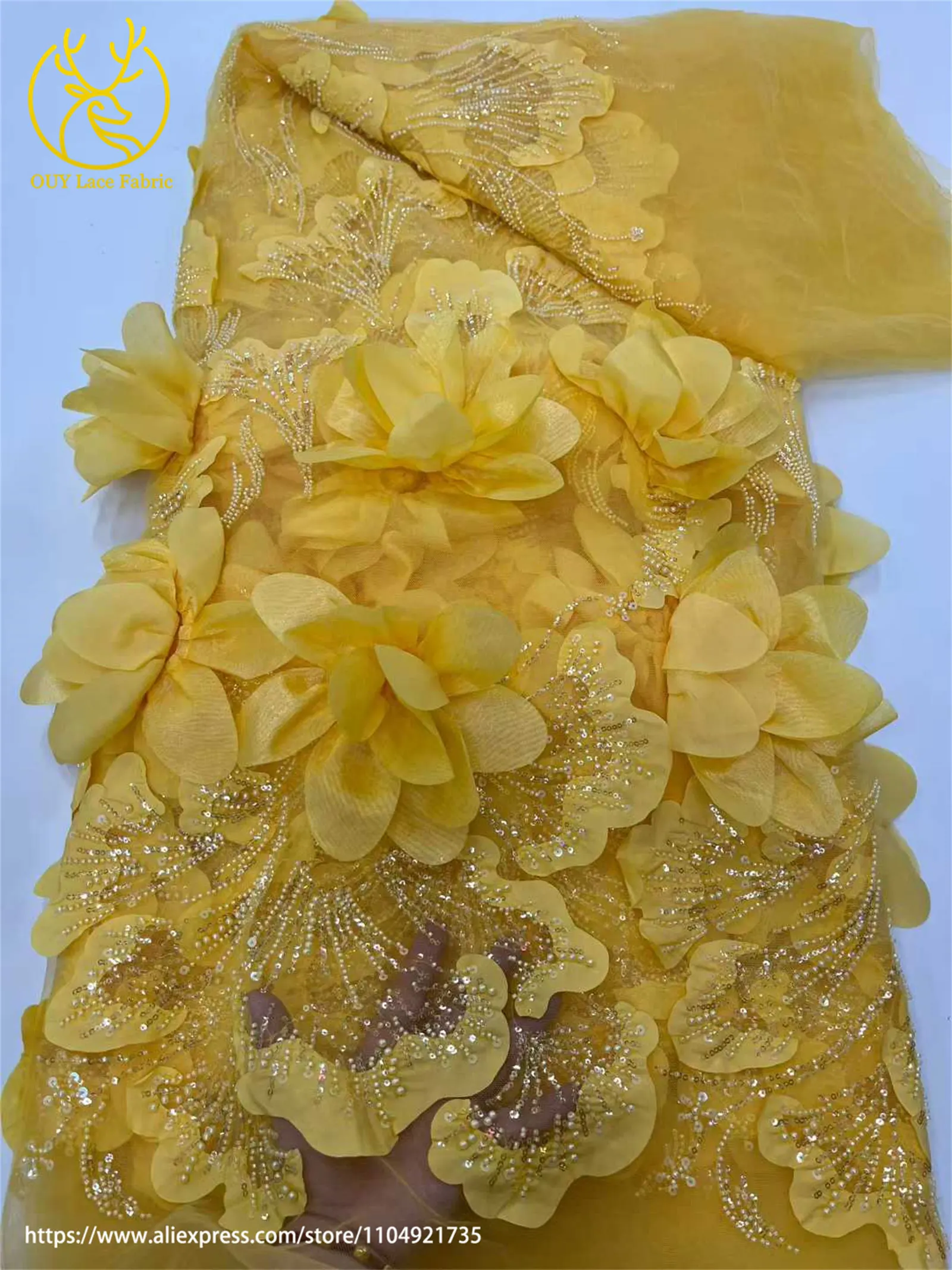 3D Blumenmuster Afrikanischer Braut-Spitzenstoff 2026 Neueste Französische Nigerianische Pailletten-Spitze für Brautkleider und Hochzeitsmode – Detail 5