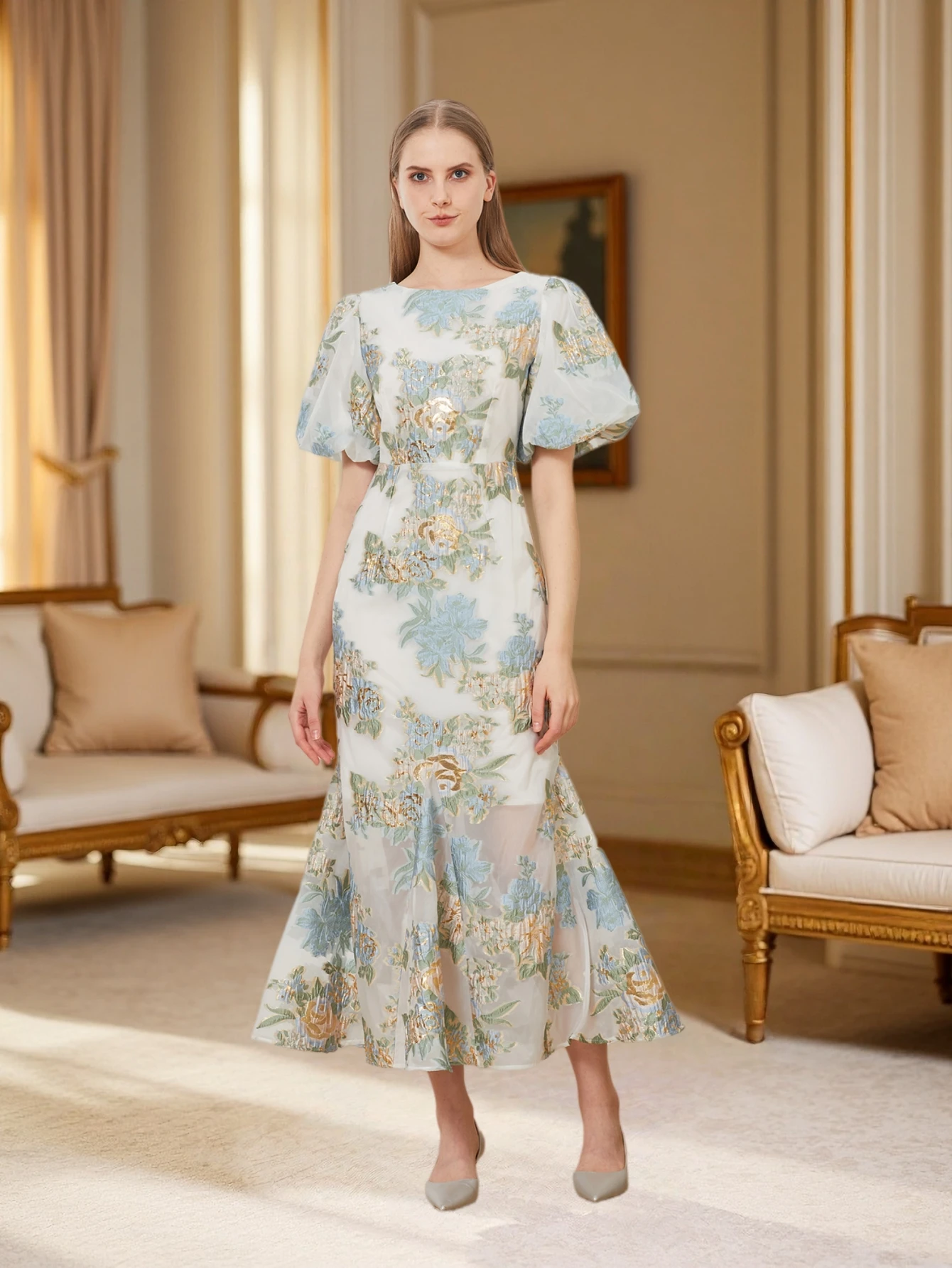 Elegante Blumen Organza Fischschwanz langes Kleid Maxi Luxus Meerjungfrau Abendkleider Puff ärmel Mode schlanke Bodycon Party Club Kleid