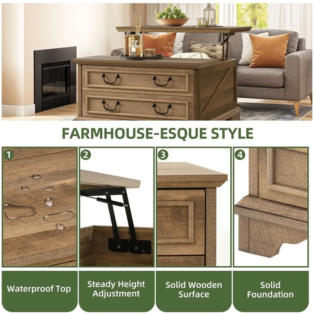 Table basse relevable de ferme avec rangement caché et 2 tiroirs, bois d'ingénierie durable, table centrale rustique marron pour salon