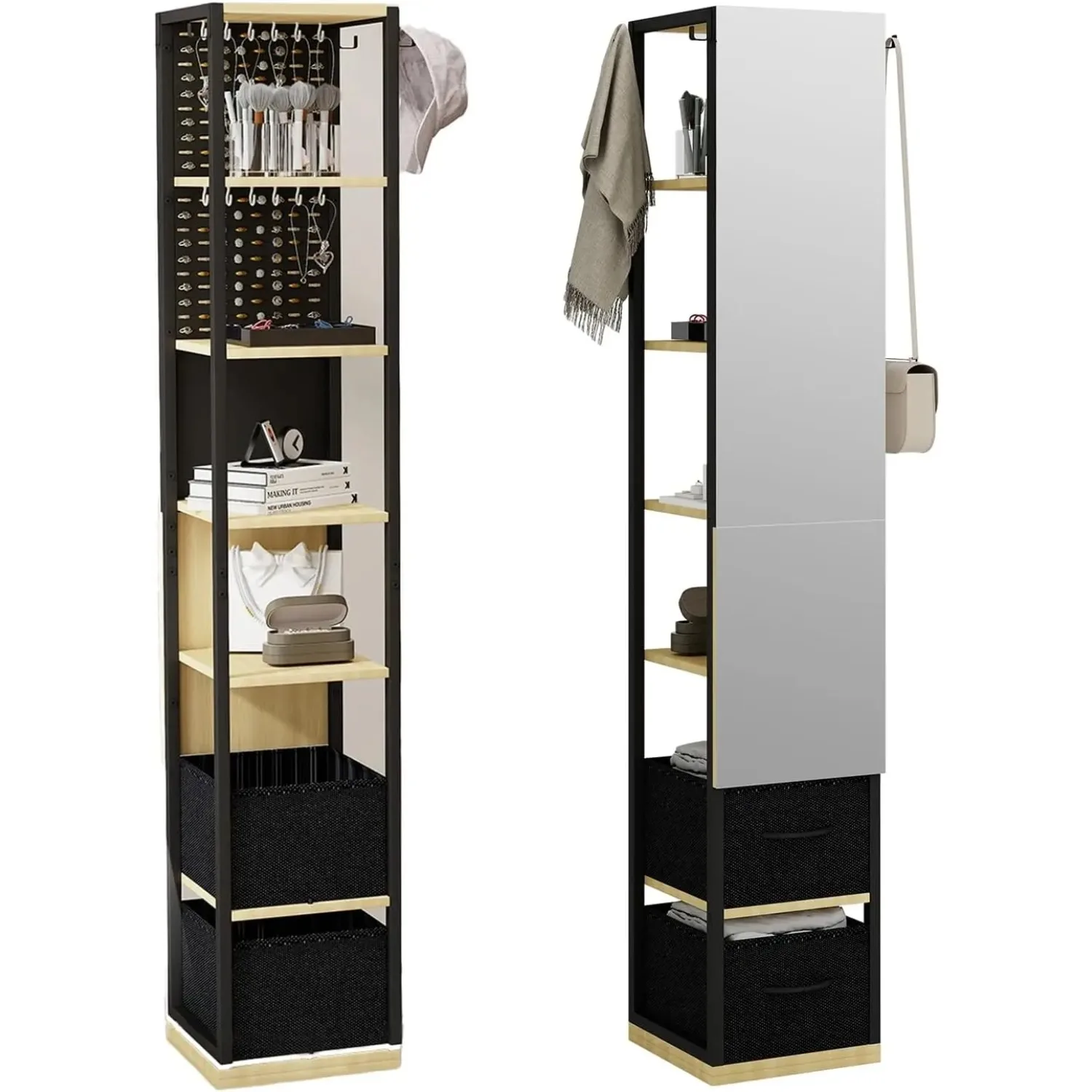 Mirror with Storage Jewelry Armoire Cabinet Standing with Drawers 360°Swivel Full Length Mirror Black Standing Floor Mirror