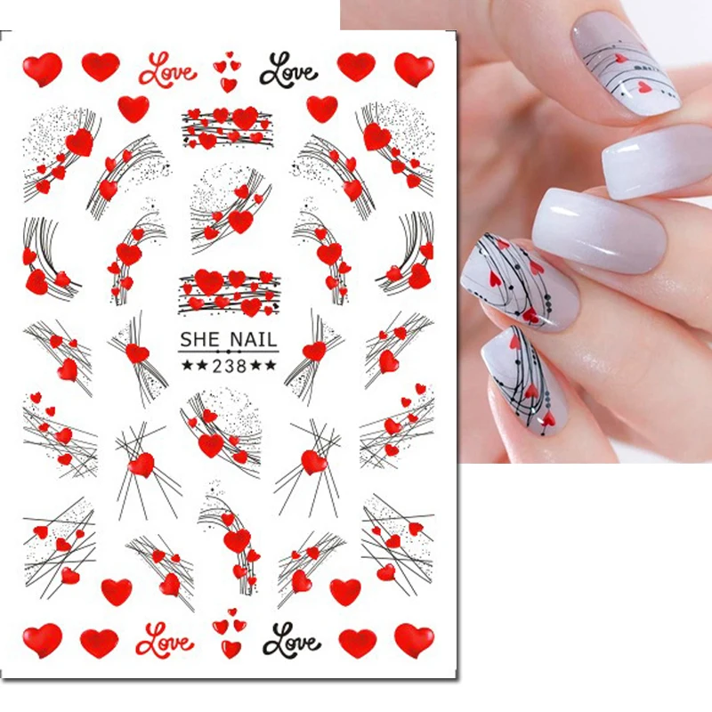 3d Nail Art Decals Geometric Lines Valentine Day Red Hearts Love Letters Adhesive Sliders Nail Stickers Decoration For Manicure