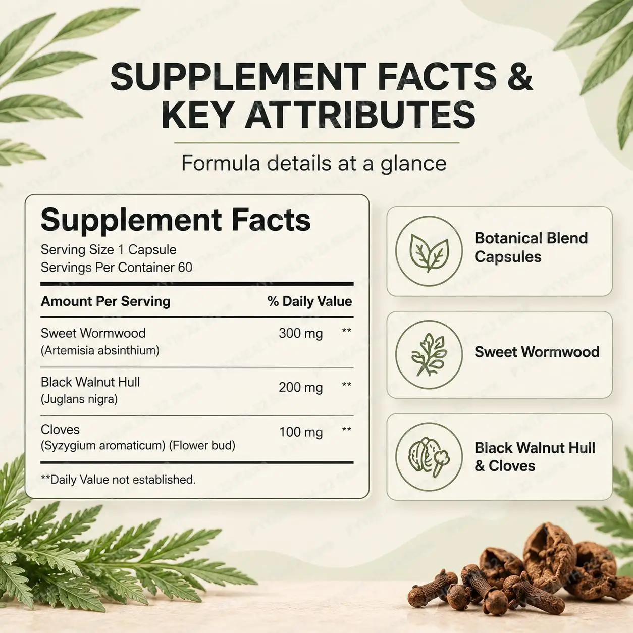 Supports Gut Environment Stability, Smooth Digestion & Digestive Balance，Wormwood Black Walnut Cloves Capsules, 60 Capsules