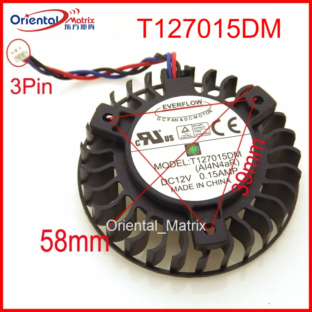 

T127015DM 12V 0.15A 3Pin 58mm 39x39x39mm GPU Fan For ASUS 9600 EN9600GT Graphics Card Cooler Cooling Fan