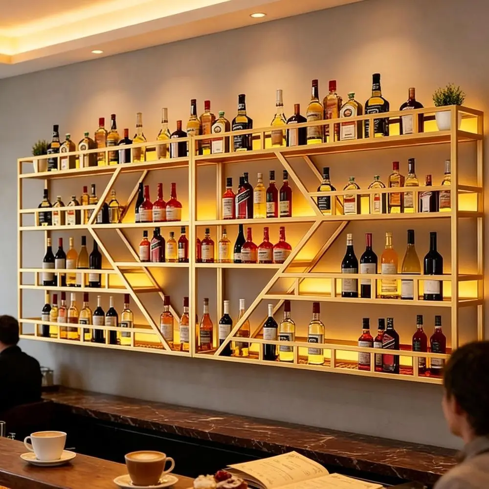 

Gold 4-Tier Diamond Wine Rack with Floating Design and Glass Holder, 79 Tall Industrial Style