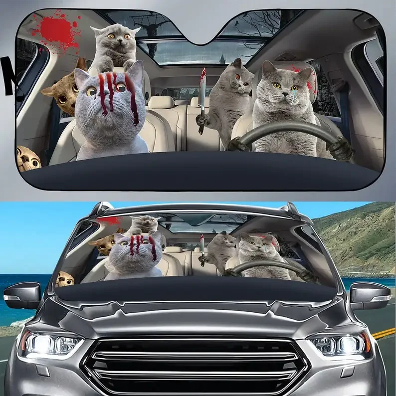 British shorthair Cat Scary Blood Windshield Sunshade, Cat Halloween Car Sunshade, Halloween Gift Idea, Halloween Gift