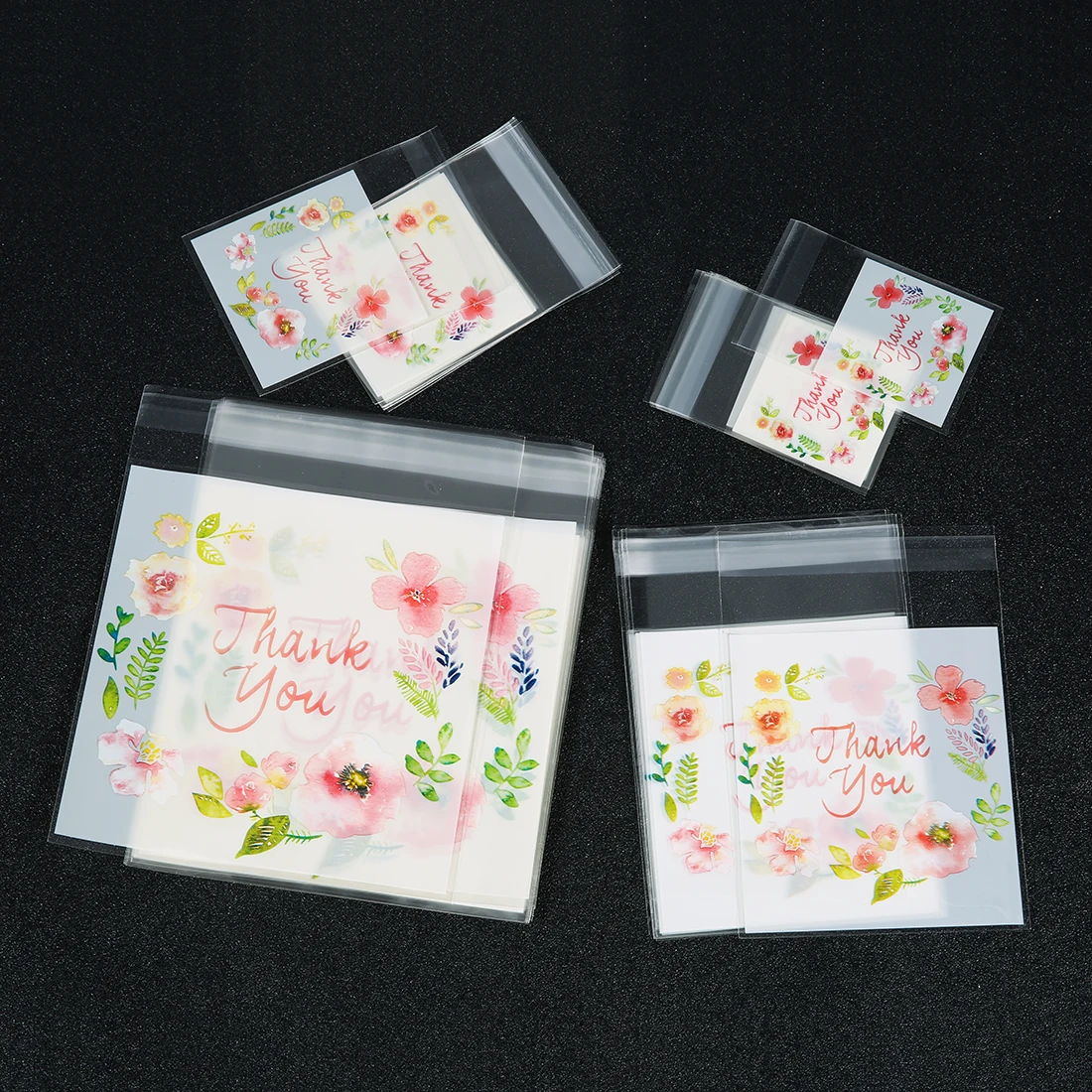 100pcs Transparent Ziplock Bag Multi Sizes Thank You Flower Print Plastic Bags Jewelry Retail Food Storage DIY Packaging Pouches