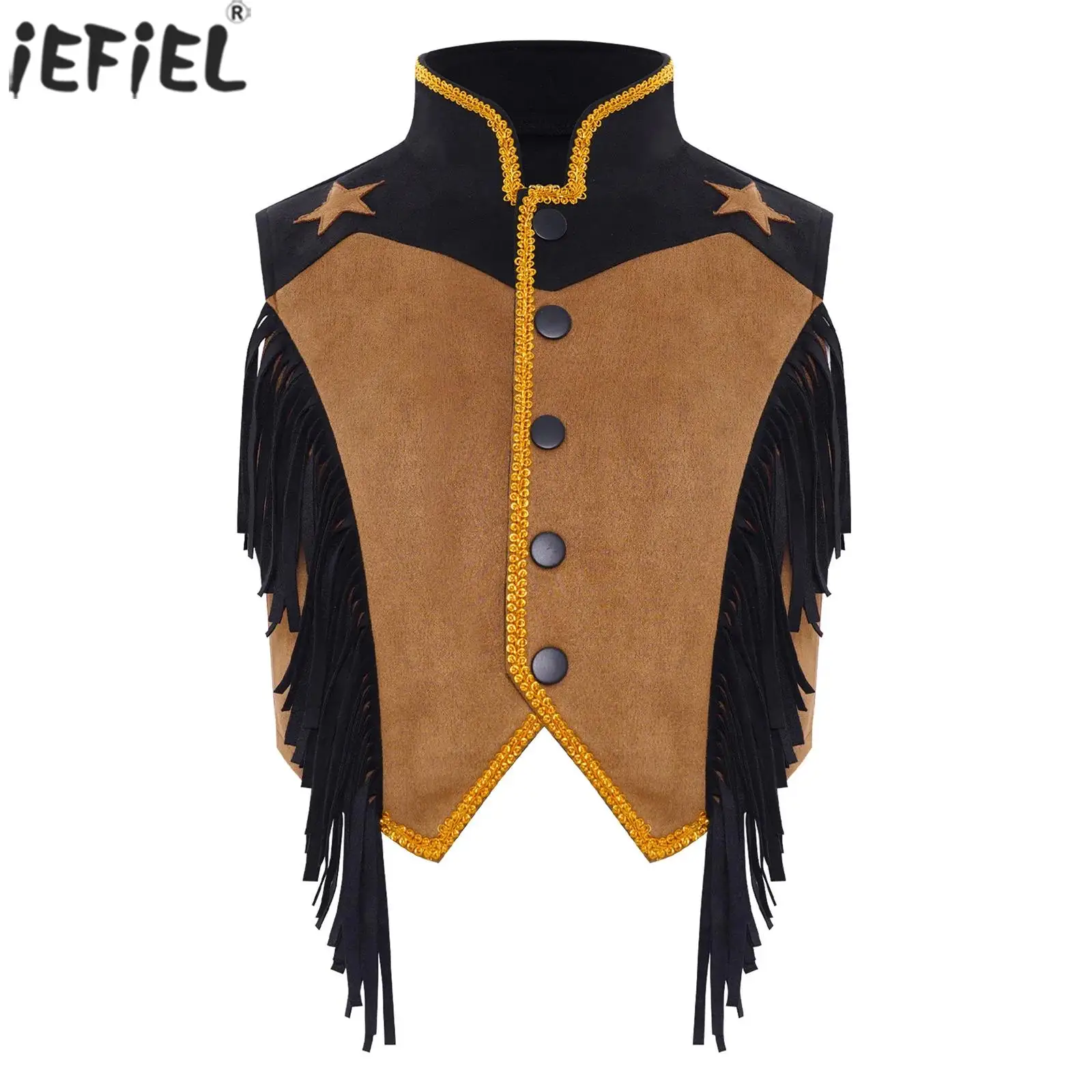 Kid Girls Western Cowgirl Costume Sleeveless Fringe Gold Webbing Trim Vest Waistcoat Halloween Cowboy Theme Party Fancy Dress Up