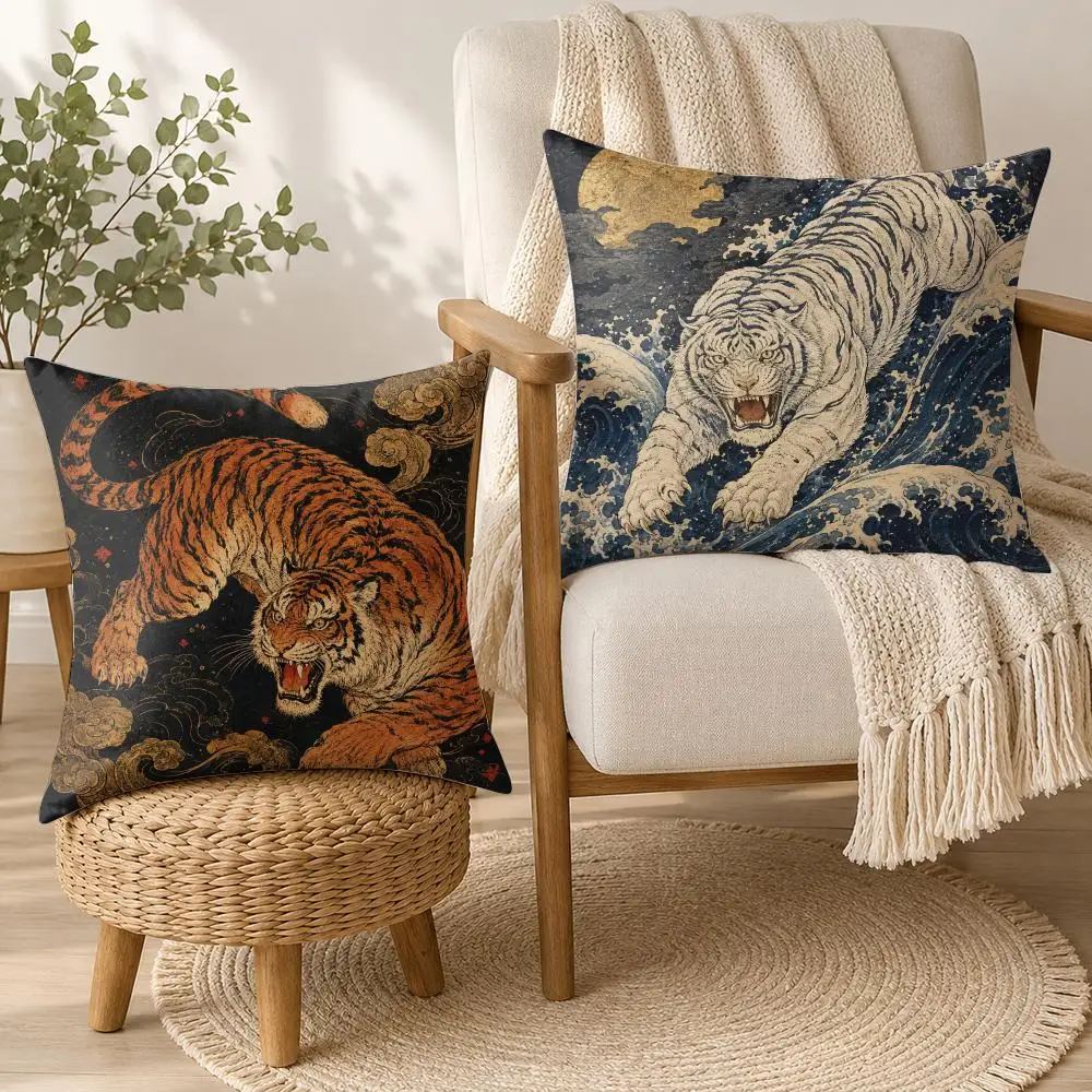 Ukiyoe Tiger Power Cushion Cover Soft Plush Cushion Case Throw Pillowcase Cozy Home Sofa Bed Living Room Bedroom Decor