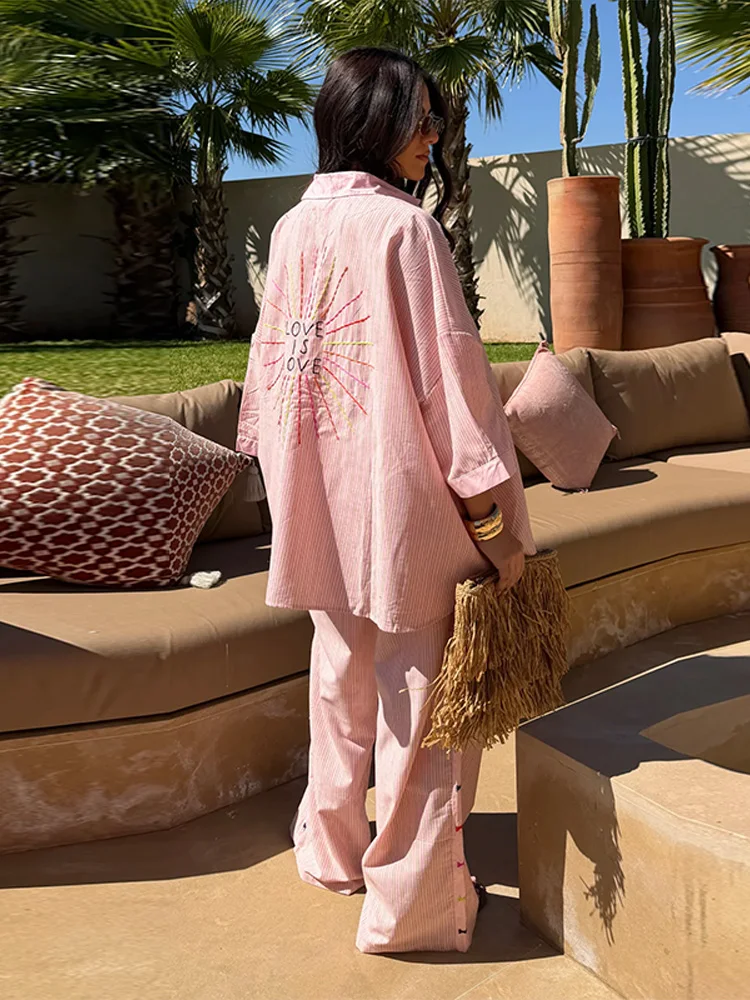 Gestreifte Oversize-Hemd-Hosen-Kombination für Damen, Lässiges Langarm-Oberteil mit Einzelknopfleiste, Weite Hosen, Schicke Damen-Sets – Detail 3