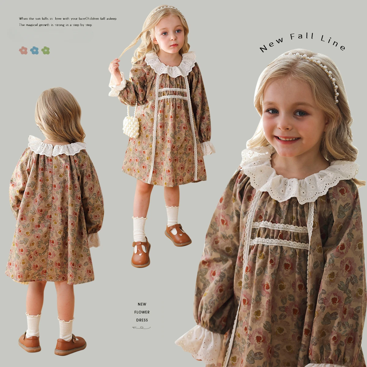 

Baby Girls Dress Retro French Lace Floral Long Sleeve 2024 Autumn New Style Childrens Princess Dress