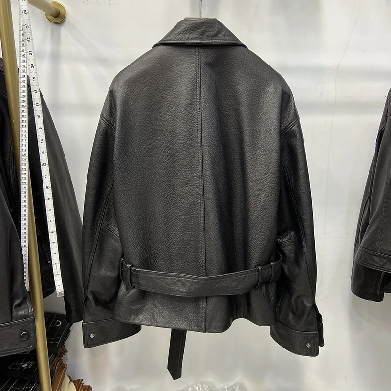 Spring Luxury Female Genuine Sheepskin Bubble Leather Coat Autumn Black Belt Slim Fashion Real Leather Jacket