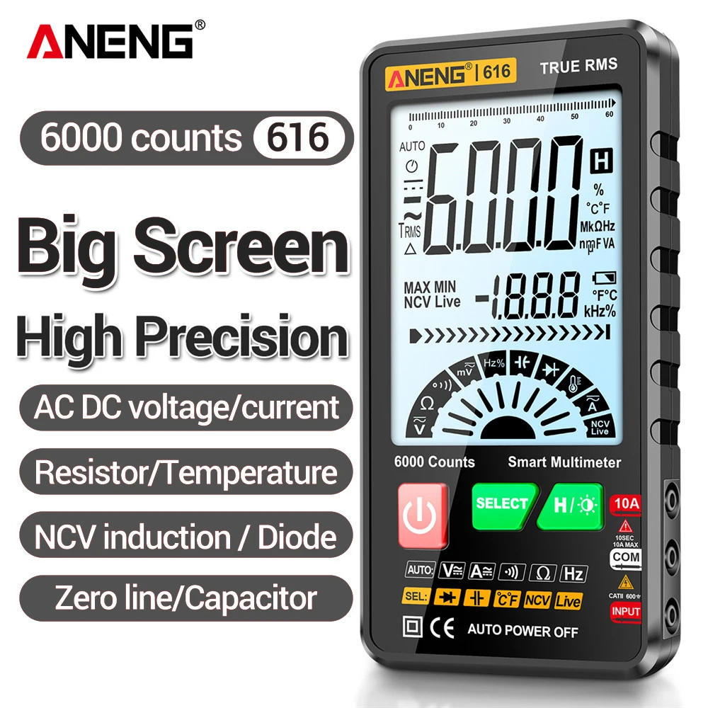 ANENG 616 Large Screen Backlight Digital Multimeter 6000 Counts Ultra thin Intelligent AC DC Voltage Current Multímetro TestTool