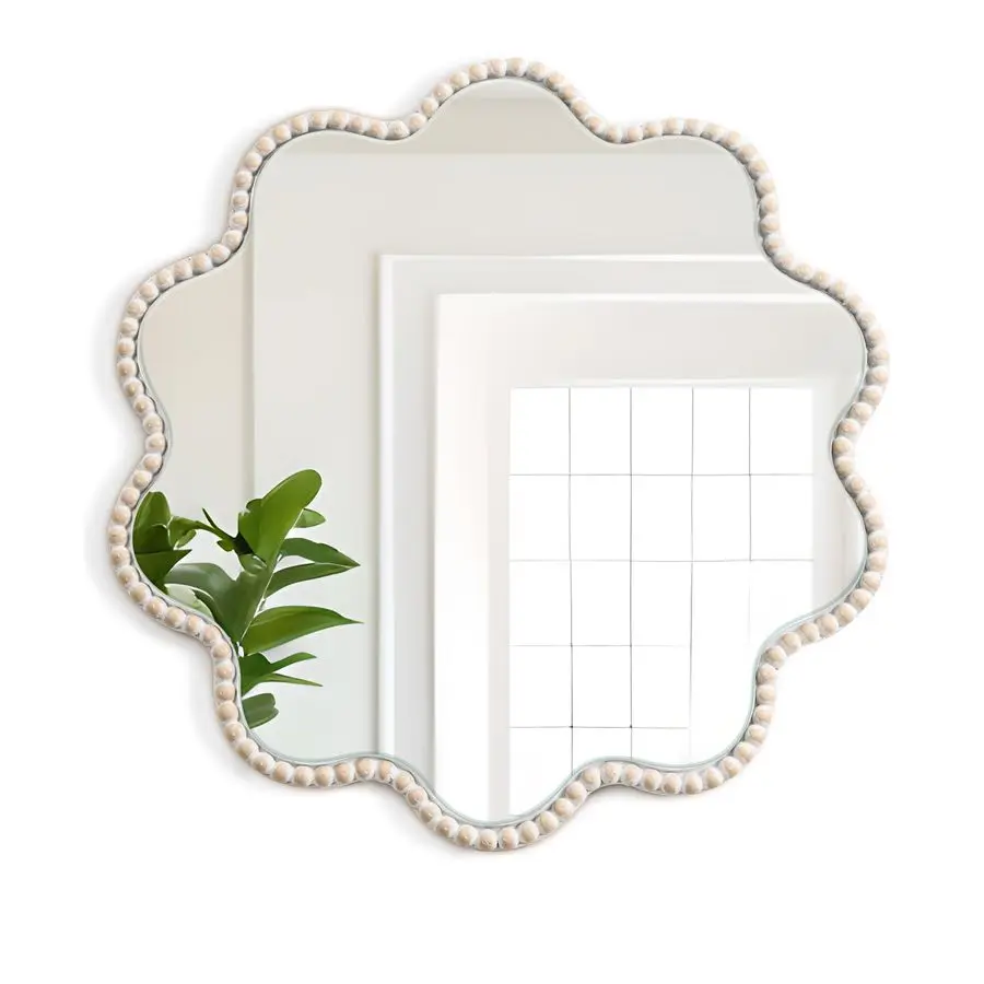 

Mirror, Farmhouse Round Mirror with Beads Wavy Frame Hanging Circle Boho Wall Decor for Living Room Entryway Bathroom Over Sink