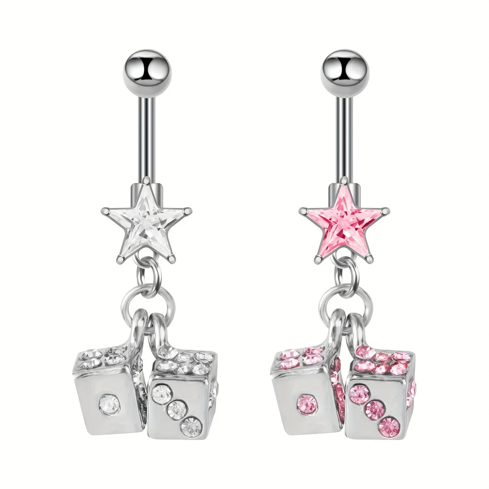 1pcs Stainless Steel Rhinestone Star Dice Belly Button Ring Navel Ring For Women Pink White Belly Button Ring Body Piercing