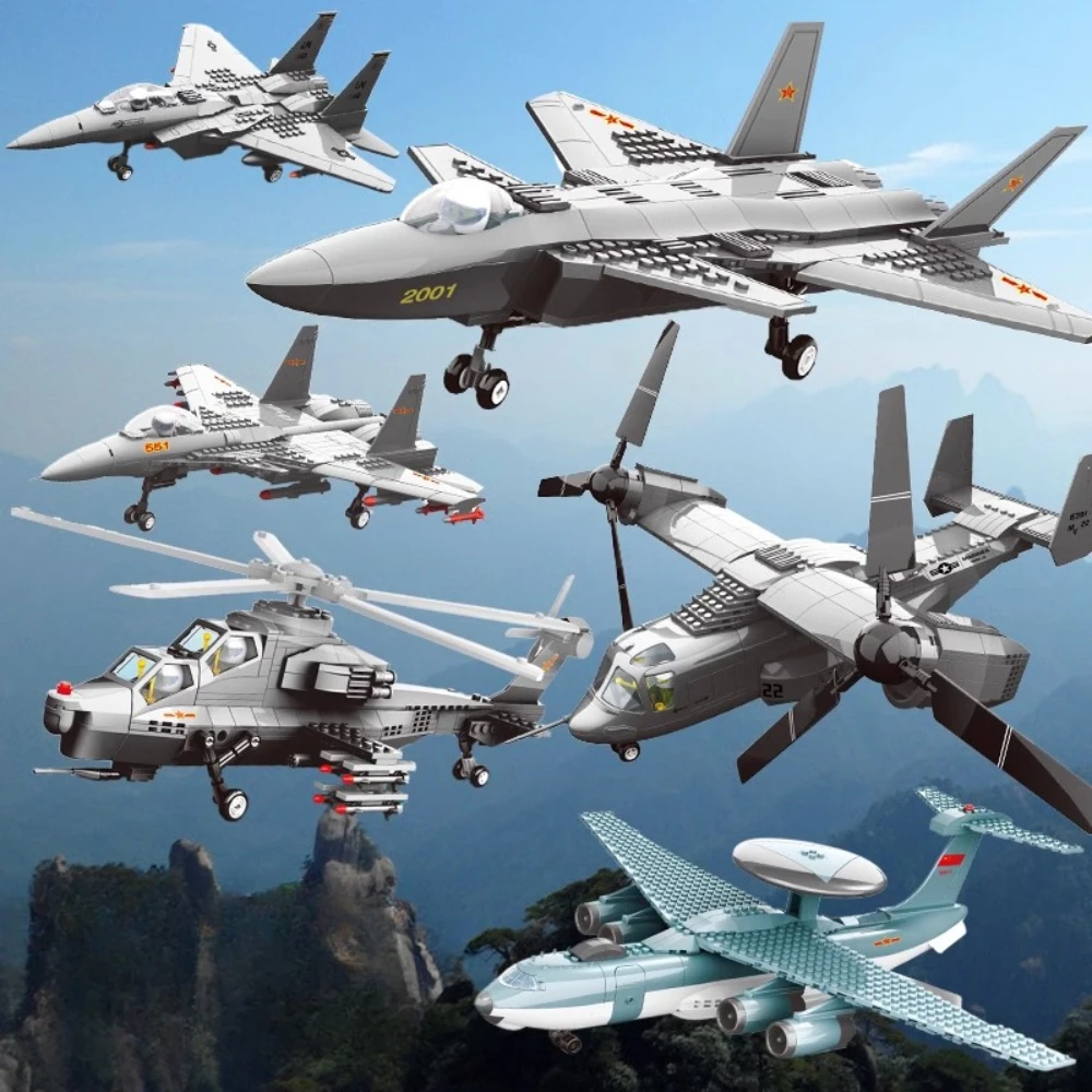 

Aircraft Model Building Blocks Military Parade Carrier-based Airplane Assembly Bricks Toy Gunship Fighter National Day Gifts