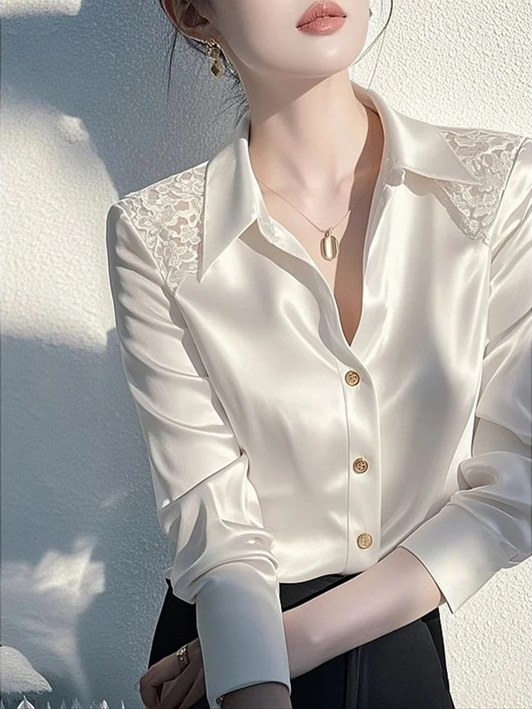 

Spring Summer New Women Satin Shirts Casual Long Sleeve Button Up Elegant Tops All-match French Style Female Solid Blouses