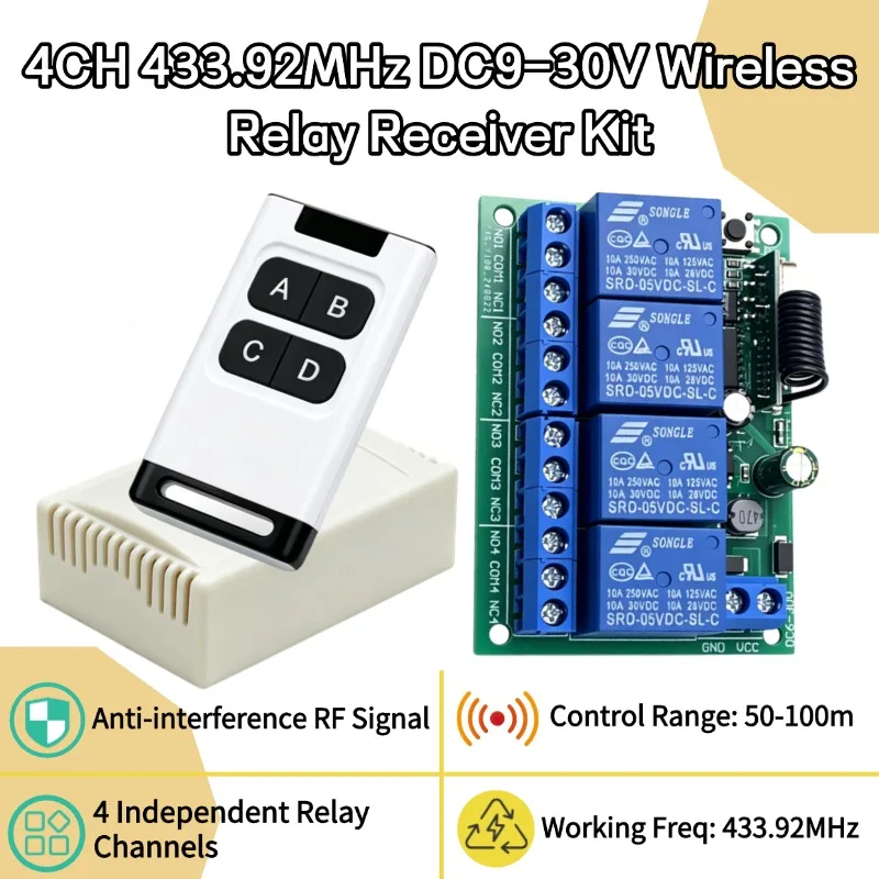 Universal Remote Control 433MHz RF Wireless Switch DC 6V 12V 24V 4Ch Relay Receiver and Transmitter for Lamp Garage Door Motor