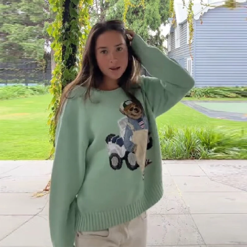 

Women Cute Cartoon Embroidered Knitted Sweater Fashion Long Sleeved O-neck Green Top 2025 Autumn Winter New Commute Knitwear