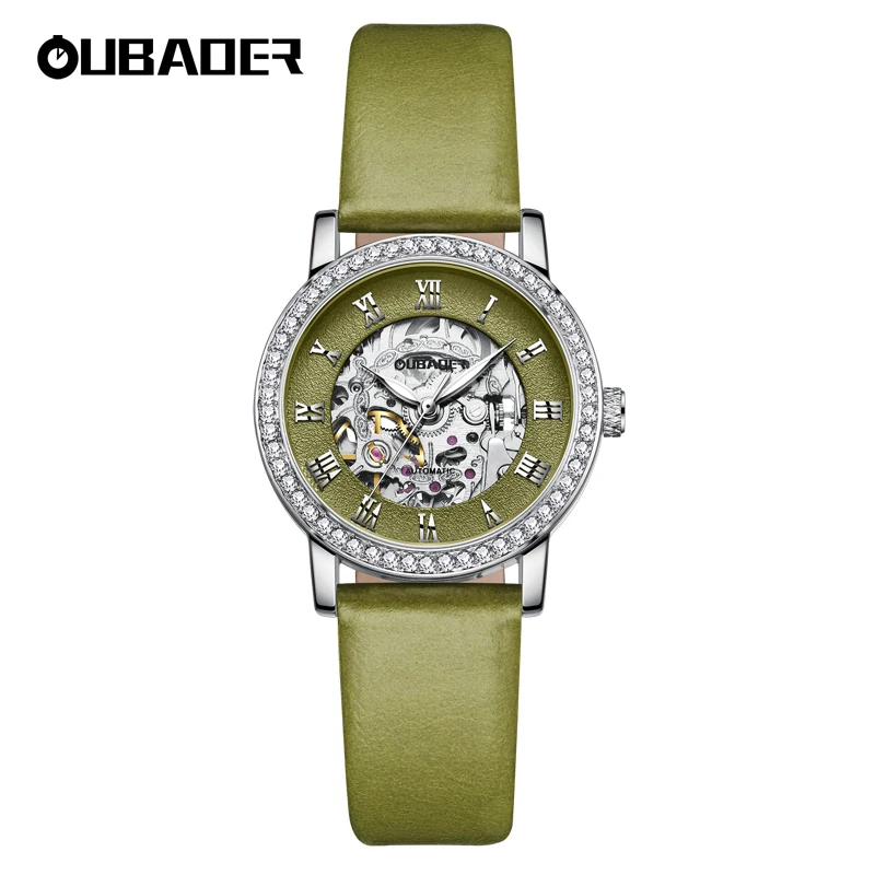 OUBAOER Fashion Casual Luxury Watch for Women Skeleton Automatic Mechanical Leather Belt Ladies Dress Wristwatches