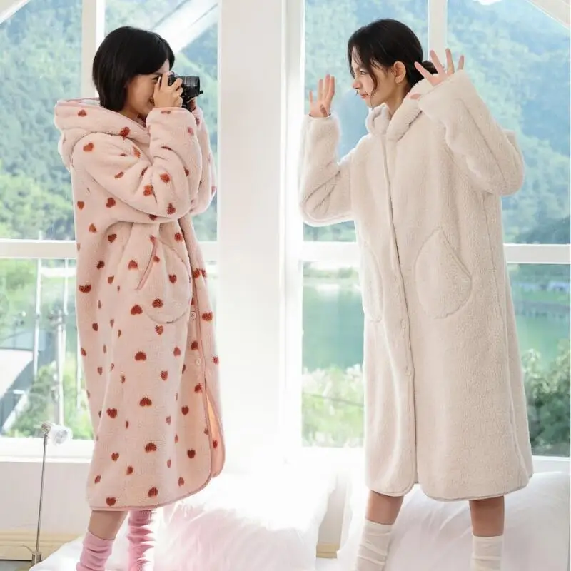 

Осенне-зимний халат с капюшоном, пижамы, женский коралловый флис, домашняя одежда, фланелевая одежда для сна, утепленная ночная рубашка, халат, оптовая продажа