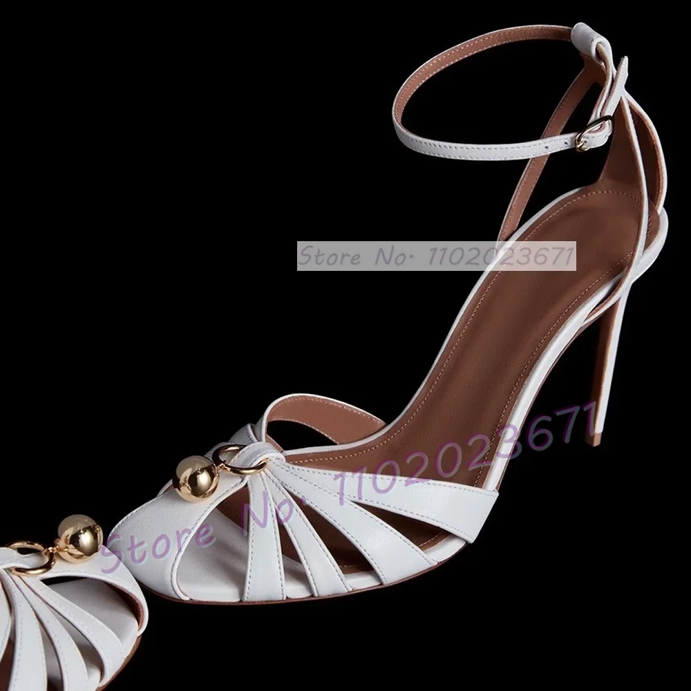

White Caged Toe High Heels Sandals With Gold Ball Women Narrow Band Square Toe Stiletto Sandals Ladies Luxury Casual Party Shoes