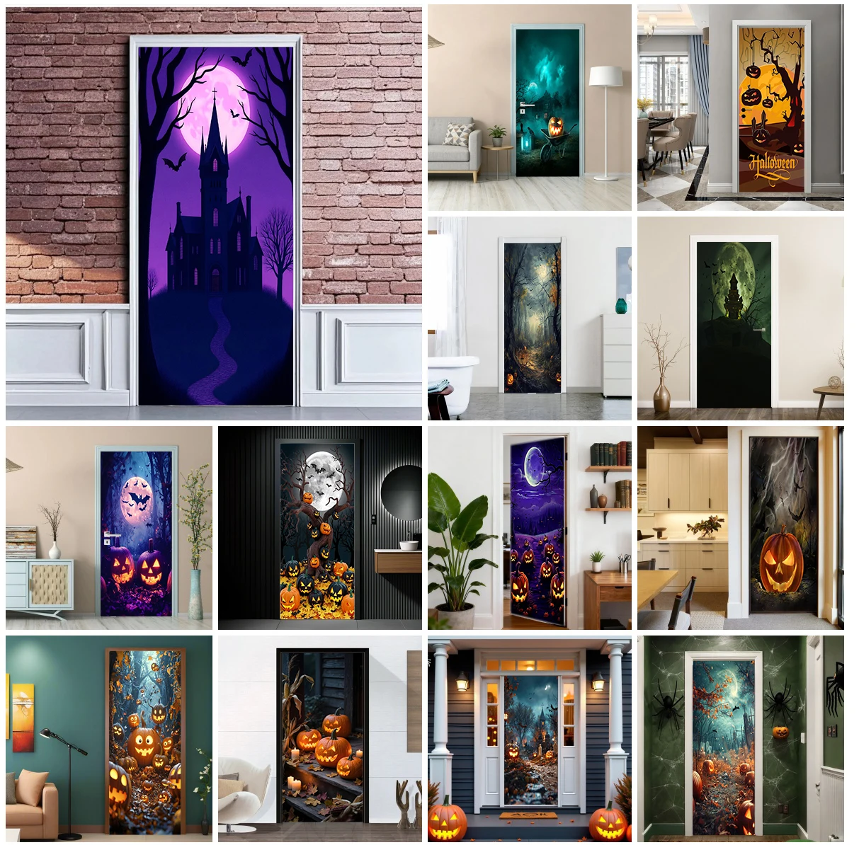 Halloween-themed door decals, self-adhesive PVC material, suitable for holiday decorations, parties, furniture
