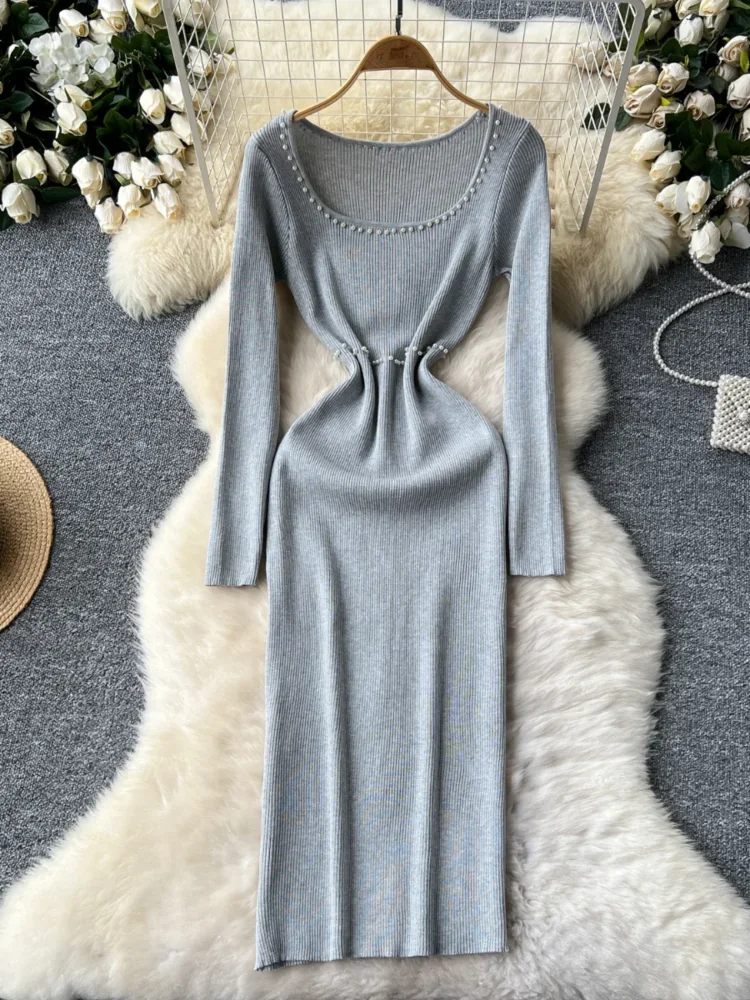 women casual elegant street style skirt autumn winter nail bead square collar high waist slim knit hip hugging dress for women