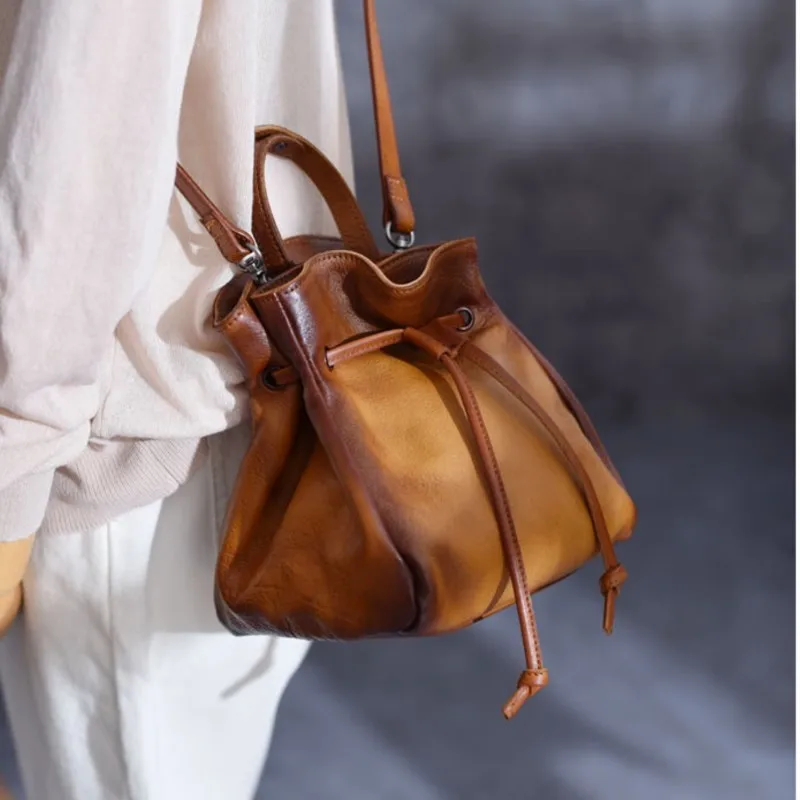 Johnature Vintage Drawstring Bucket Bag Genuine Leather Summer 2024 New High Quality Natural Cowhide Shoulder & Crossbody Bags