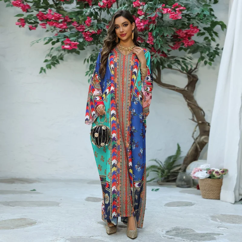 الشرق الأوسط المرأة المطبوعة حجر الراين الدكتور حجم كبير العلوي رداء طويل عبر الحدود جديد Sle الصيف Faion البوليستر