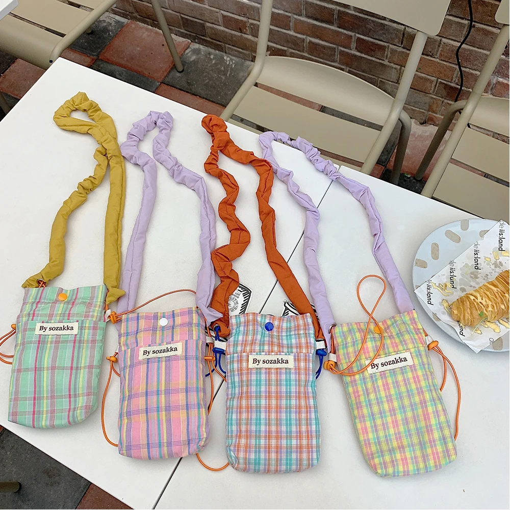 Small Elastic Rope Shoulder StrapCanvas Bags Women Mini Phone Bags Female Messenger Purse Lady Wallet New Plaid CrossBody Pouch