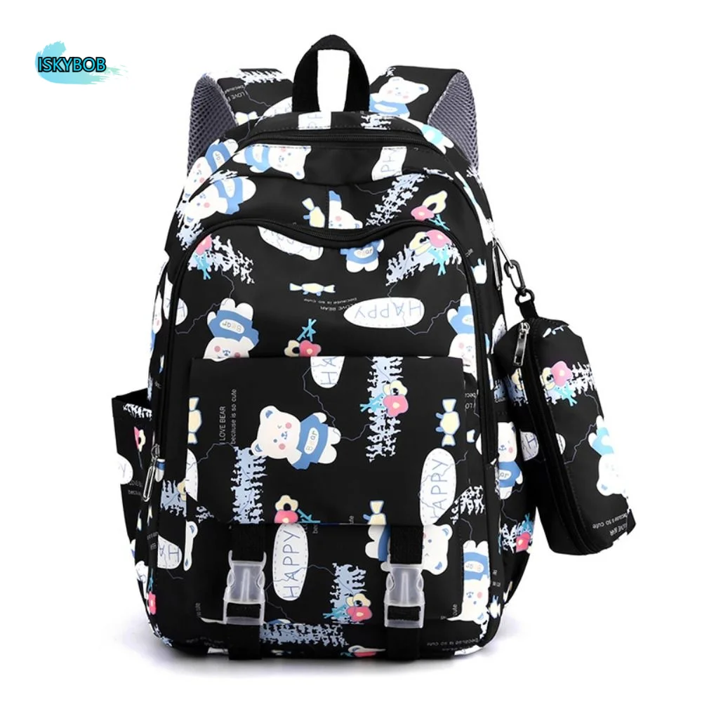 

Oxford Large Capacity Backpack Solid Color with Pencil Case Korean Style School Bag Bear Printing Pattern Casual Knapsack