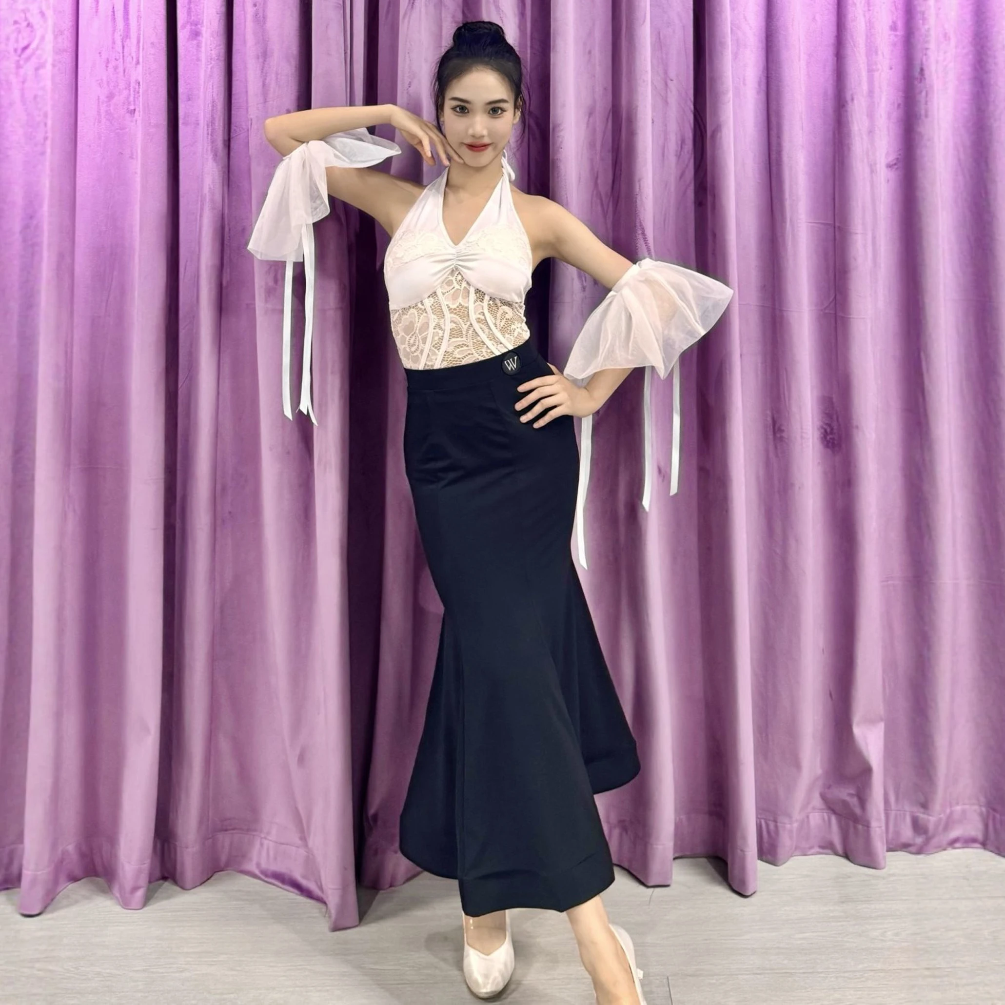 Traje de dança de salão feminino renda branca topos saia preta baile clube valsa dança desempenho roupas vestido competição dnv24404