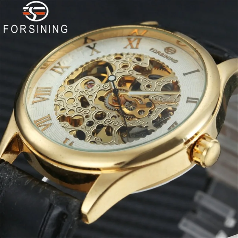 Fashion Forsining Top Brand Men's Minimalist Hollow Out Leather Handwinder Mechanical Business Wrist Watches