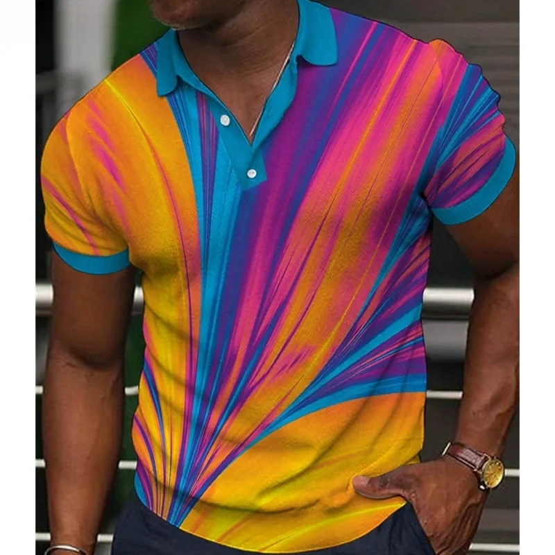 Men's Gradient Line Element Printing POLO Shirt Summer New Men's Polo Short Sleeve Comfortable And Breathable Tops