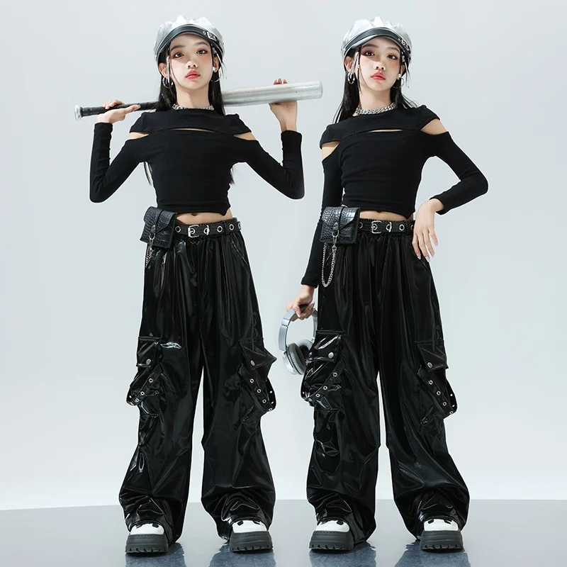 

Black Cool Girls' Hip Hop Performance Costume Jazz Dance Clothes Sports Show Set Kid's School Team Street Dance Outfit XH1395