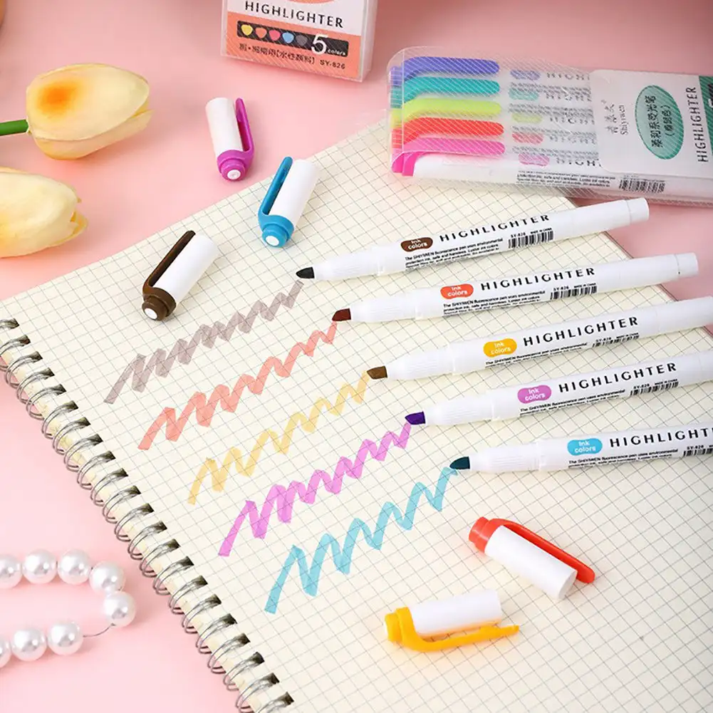 5 Pcs/box Double Headed Highlighter Pen Set Fluorescent Markers Drawing Highlighters Pens Art Japanese Cute Pastel Stationery