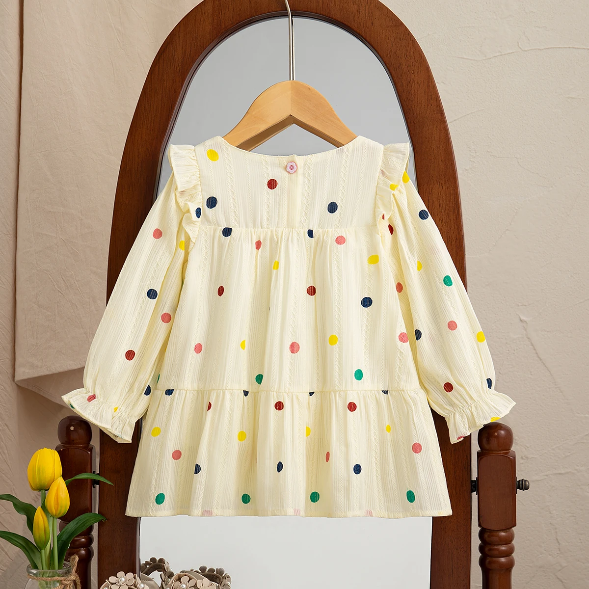 Spring And Autumn New Colorful Polka Dot Long Sleeve Baby Girl Dress, Comfortable Square Neck Children'S Clothing (0 -3 Years)