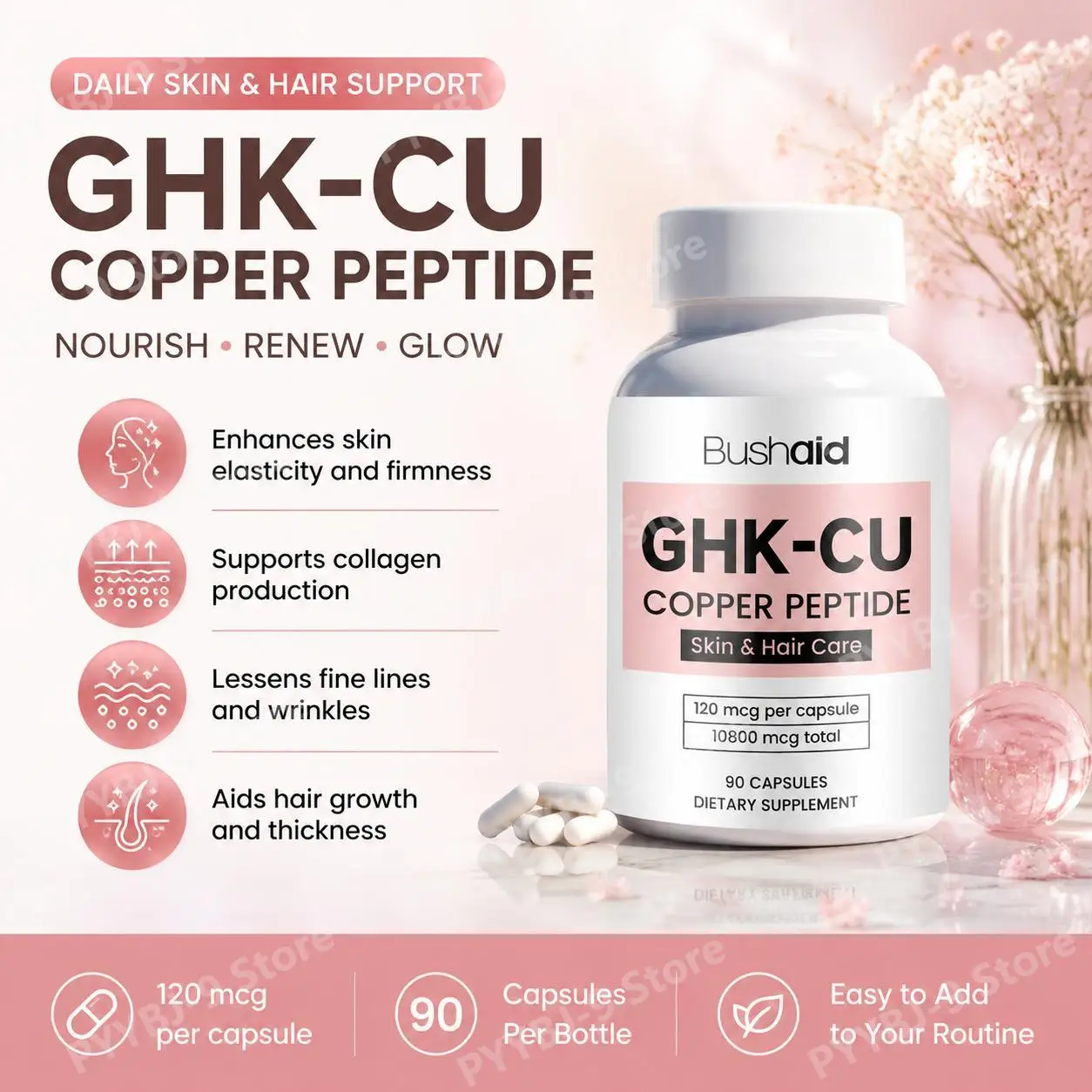 BushAid GHK-Cu Copper Peptide Capsules for Lessening Fine Lines and Wrinkles with Collagen Peptides and Vitamin C - 90 Capsules