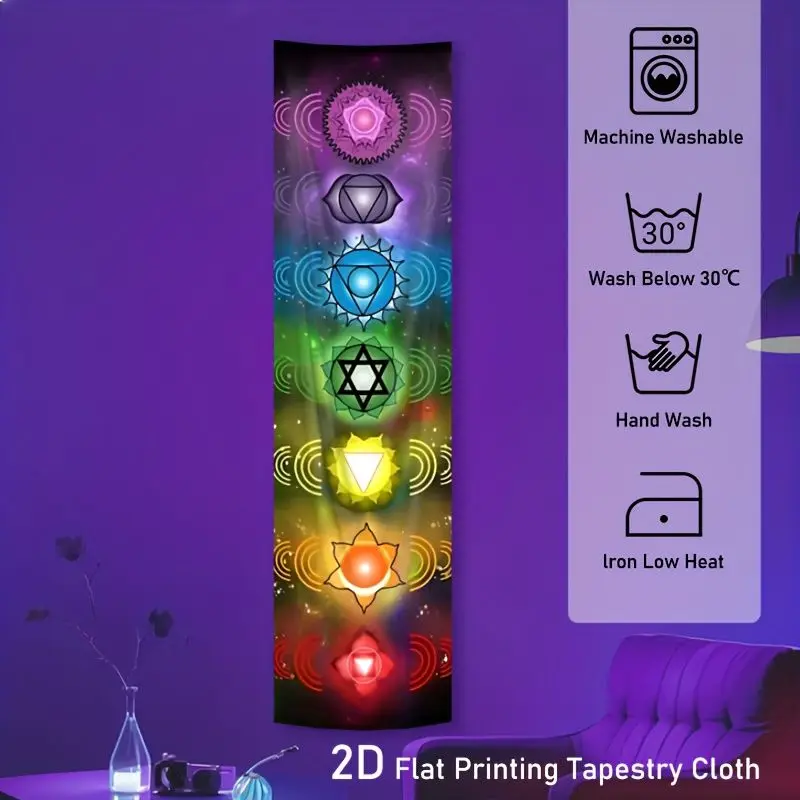 VIKAMA Blacklight Chakra Healing Meditation Symbols UV Reactive Vertical Tapestry Spiritual Long Wall Hanging Decor Soft Durable