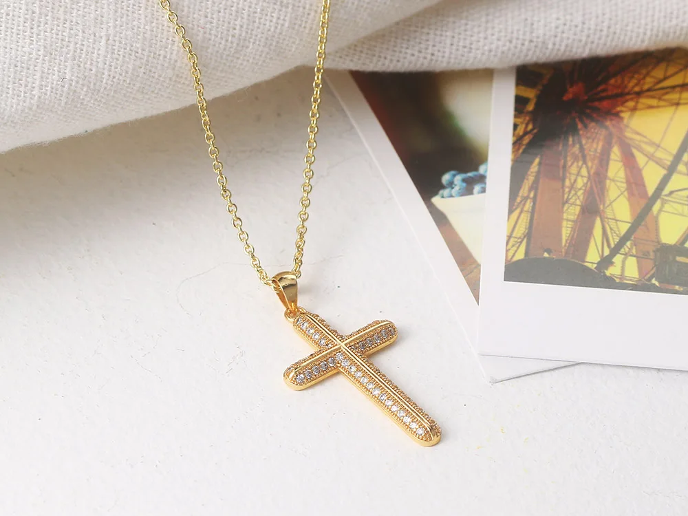 Hochwertige Goldfarbene Zirkon-Kreuz-Anhänger-Halskette, Goth-Choker für Frauen, Halloween-Geschenk, Großhandel Modeschmuck Geschenk – Detail 6