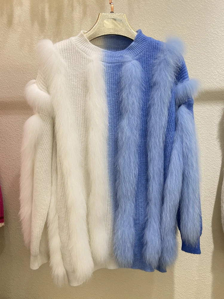 Women Fashion Gradient Real Fox Fur Strip Knitted Sweater Real Fur Loose Oversize Autumn Spring Long Knitwear