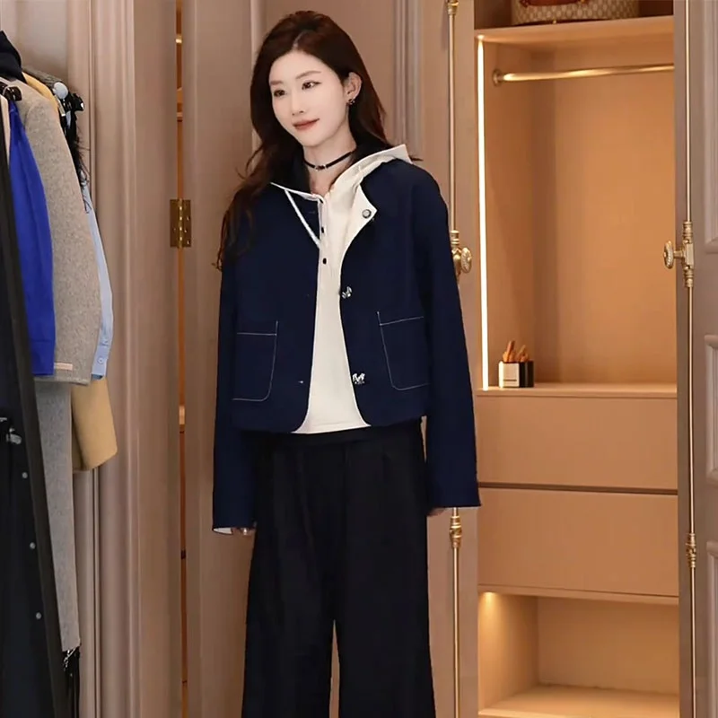 

Donna Women's Chic ort Denim Jaet Slimming Sle Spring Faion Retro Hong Kong Sle round Ne Commute Straight Cut Coat