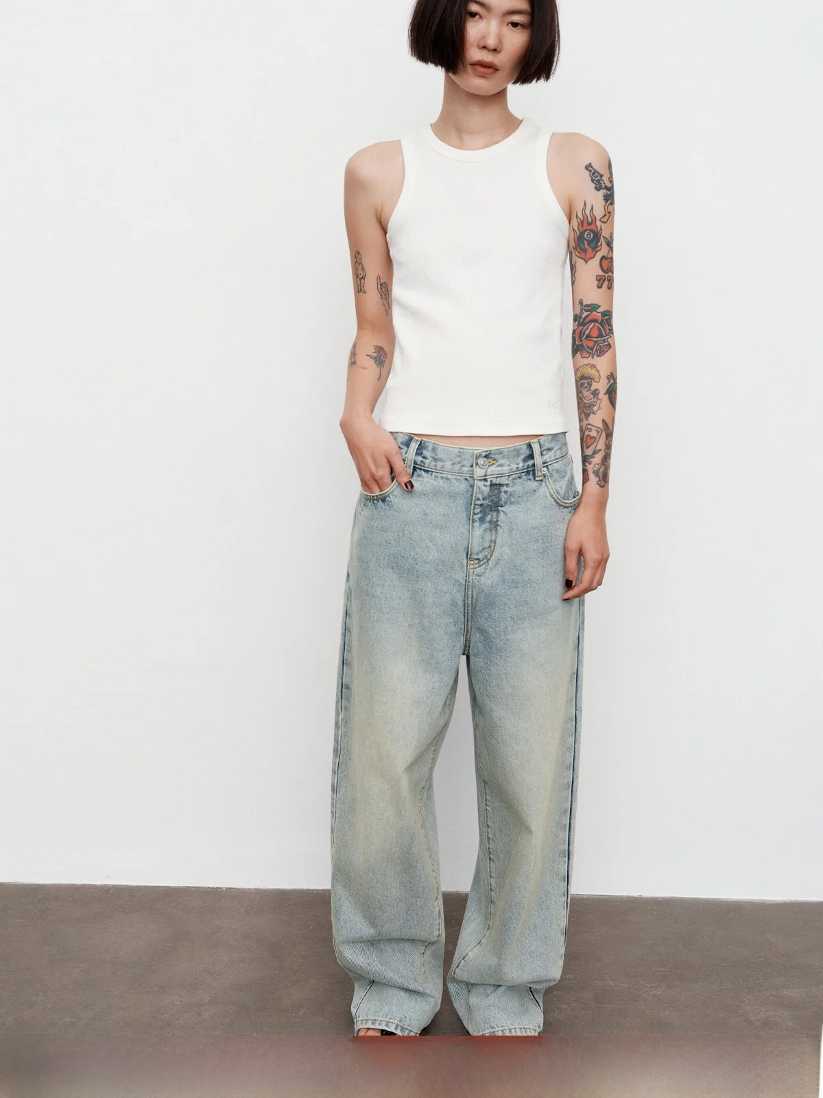 

New Arrival Enzyme Stone Grinding Washed Micro Cone Jeans Women's Casual Cotton Straight Leg Arcuate Heavy Duty Water Washed